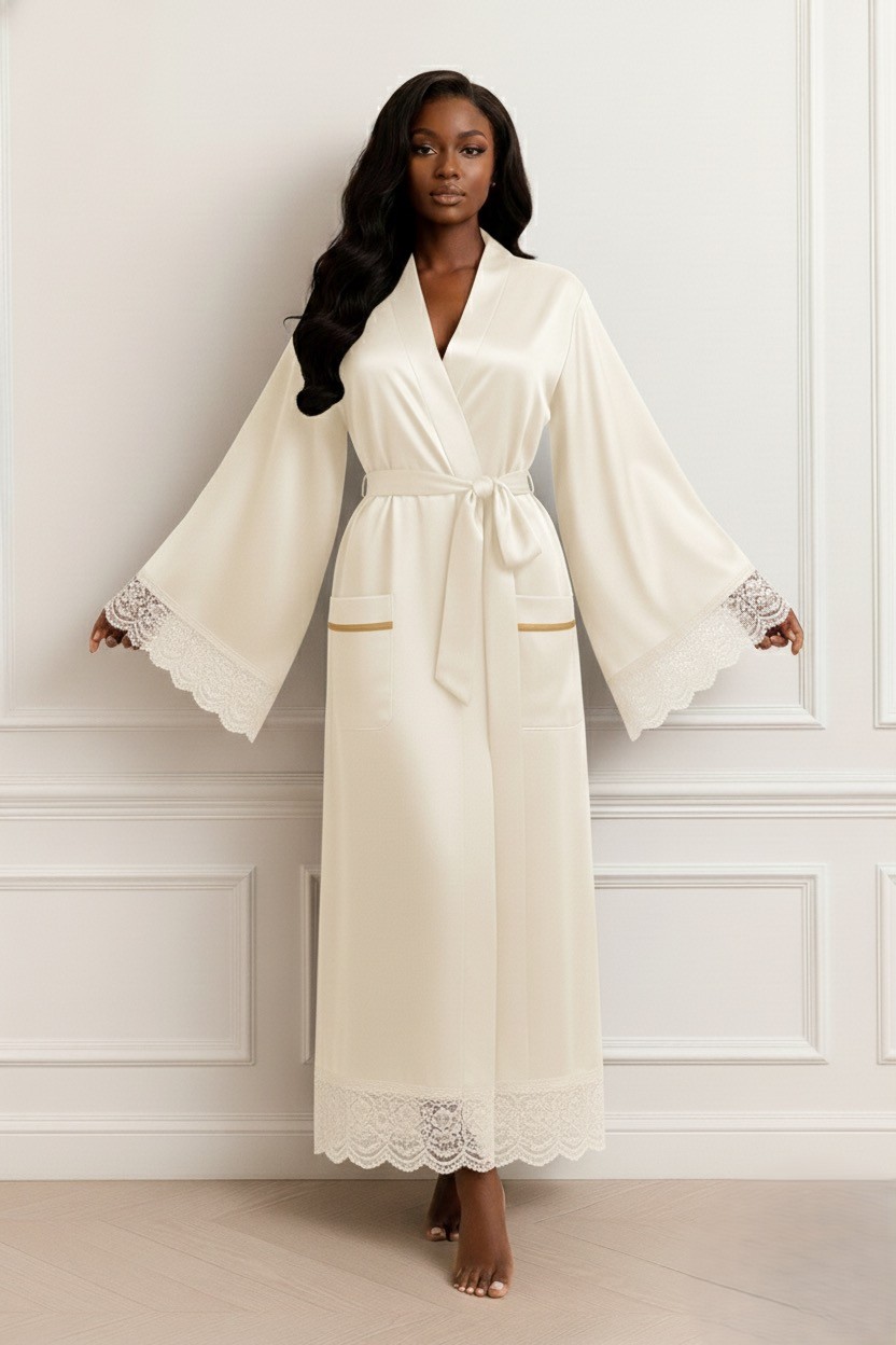 Ivory Bloom — Floor-length wide-sleeve satin robe with scalloped lace trim and gold pocket detail.